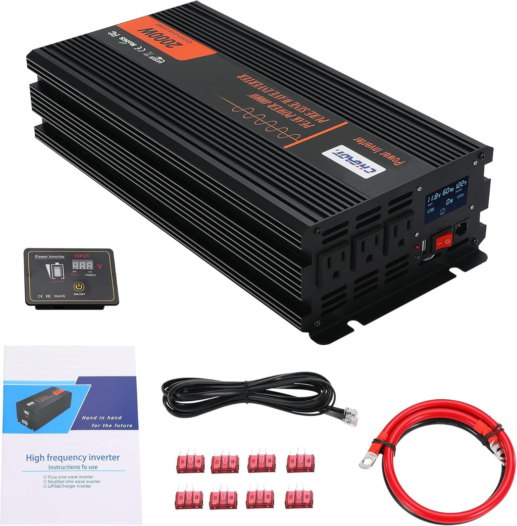 2000W Pure Sine Wave Power Inverter DC 12V to AC 120V with LCD Display Remote Control USB Port R626