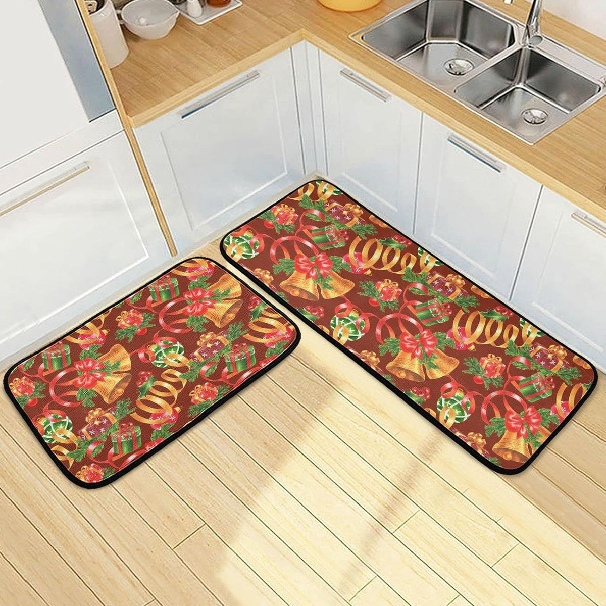 Christmas Jingling Bells Kitchen Mats Set of 2 Non Slip Comfort Mat V780
