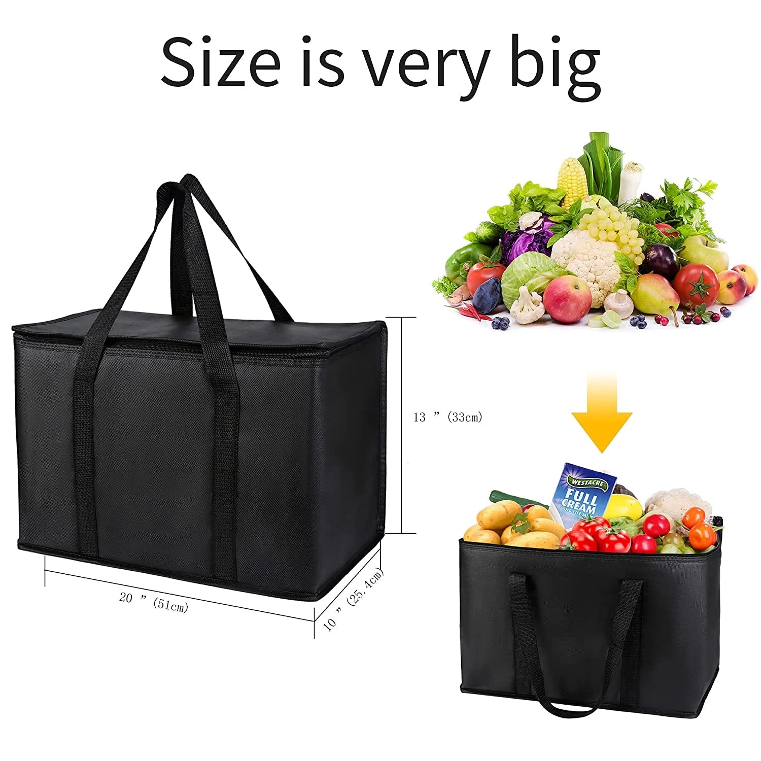 Black Insulated Grocery Tote Bag with Thermal Zipper W461660