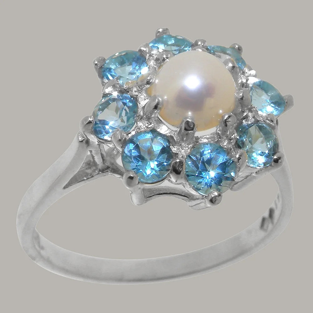 10k White Gold Cultured Pearl Blue Topaz Womens Statement Ring Y28866