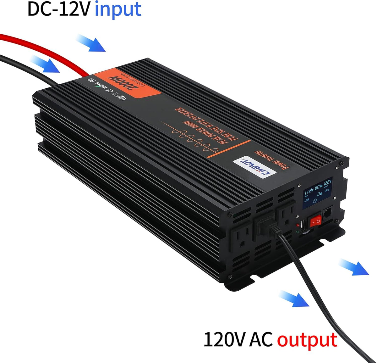 2000W Pure Sine Wave Power Inverter DC 12V to AC 120V with LCD Display Remote Control USB Port R626