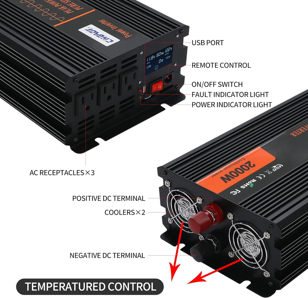 2000W Pure Sine Wave Power Inverter DC 12V to AC 120V with LCD Display Remote Control USB Port R626