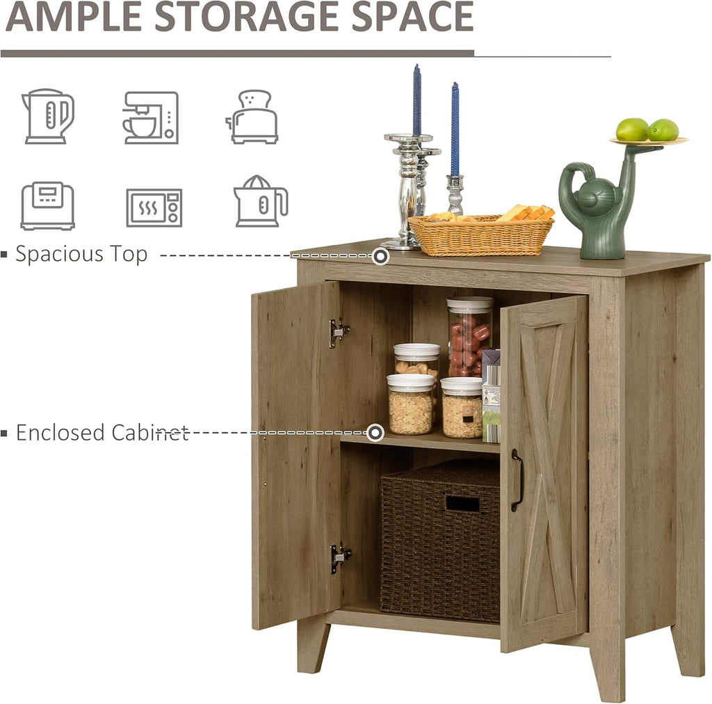 Rustic Oak Finish Sideboard Accent Storage Cabinet with Double Barn Doors and Fixed Shelf I6379
