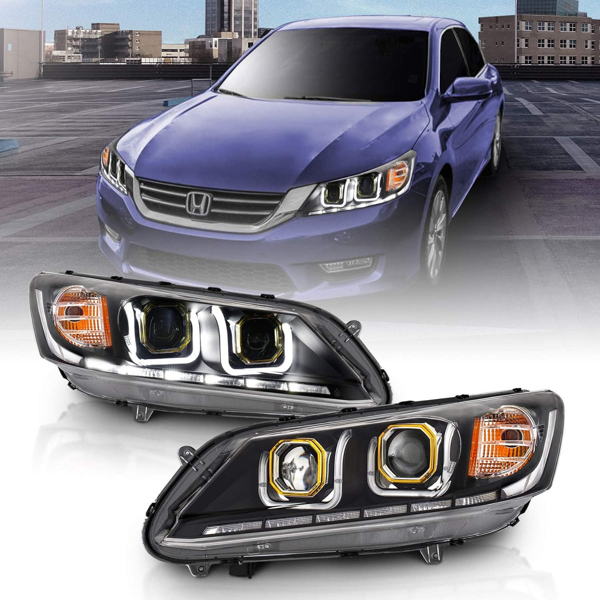 Black Projector Replacement Headlights LED Bar Set for Honda Accord V75019