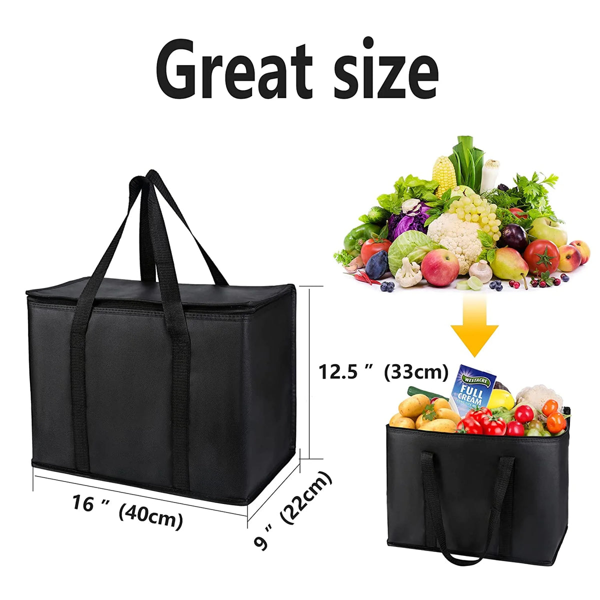 Black Insulated Grocery Tote Bag with Thermal Zipper W461660