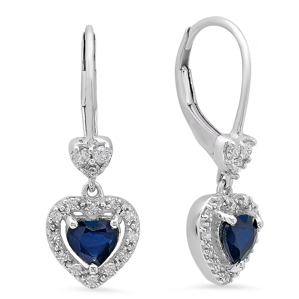 18K White Gold Heart Cut Blue Sapphire & White Diamond Drop Earrings H7744