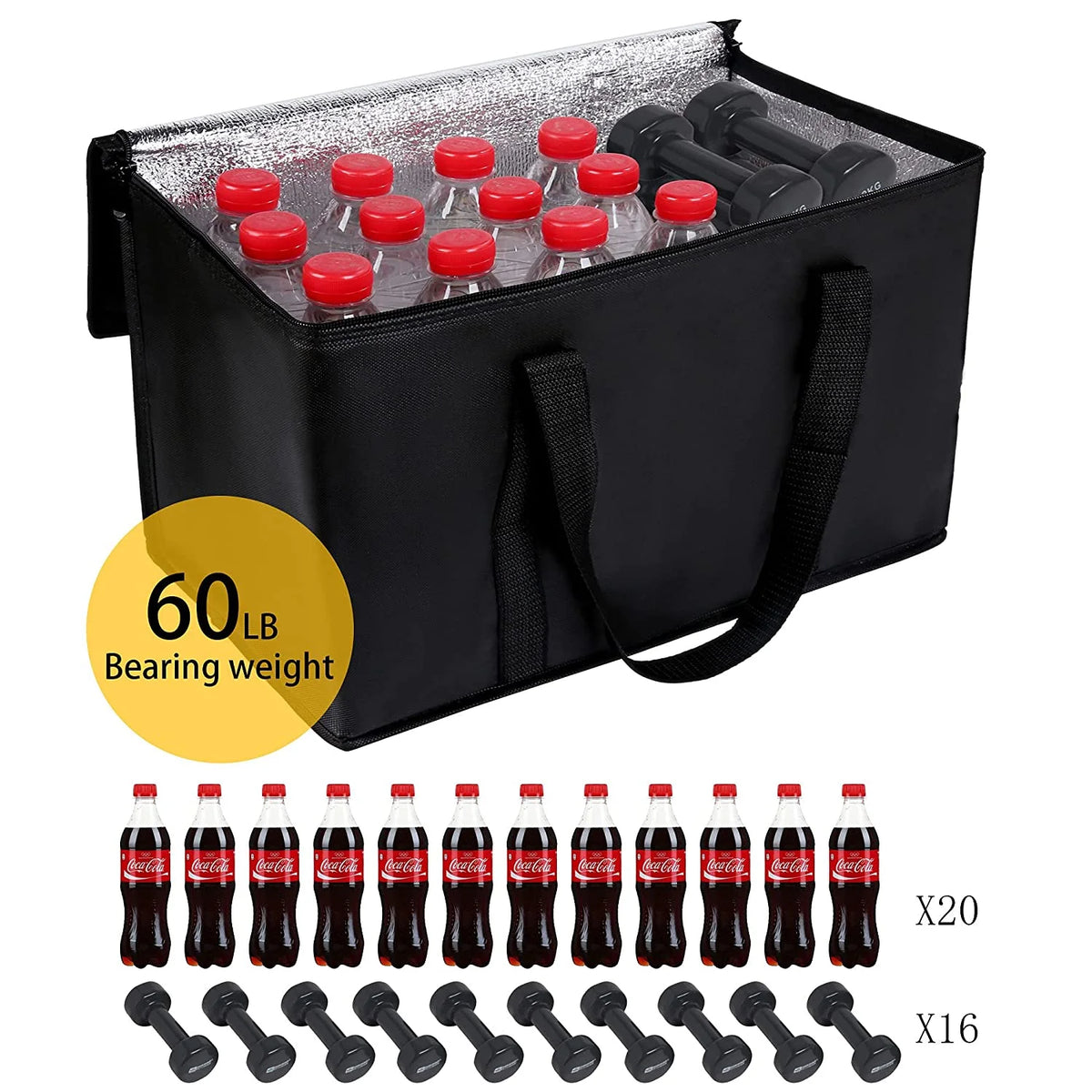 Black Insulated Grocery Tote Bag with Thermal Zipper W461660