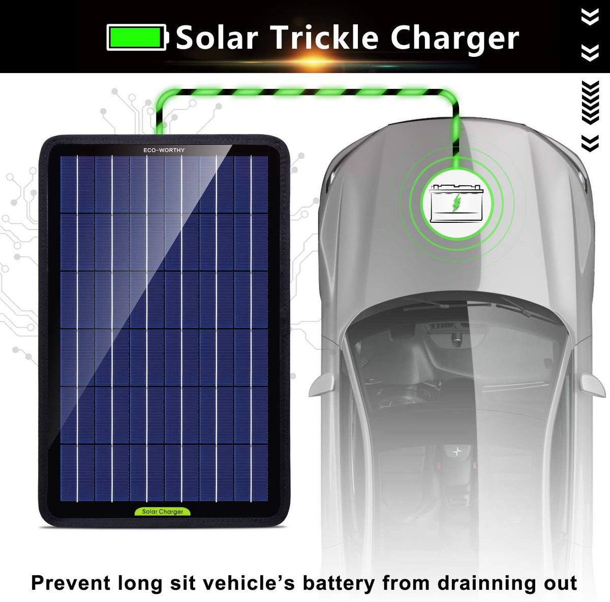 12 Volt 10 Watt Solar Car Battery Charger & Maintainer with Alligator Clip Adapter U771862